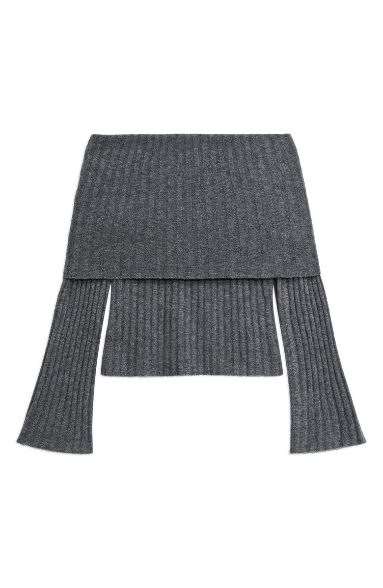 Theory Off the Shoulder Bell Sleeve Merino Wool Blend Sweater, Alternate, color, Charcoal