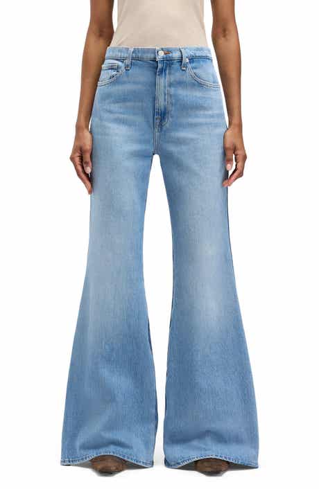Retro Two Tone High Waist Flare Wide Leg Jeans
