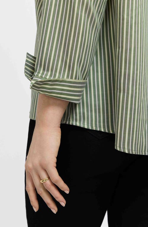 Foxcroft Agnes Stripe Three-quarter Sleeve Popover Top In Green