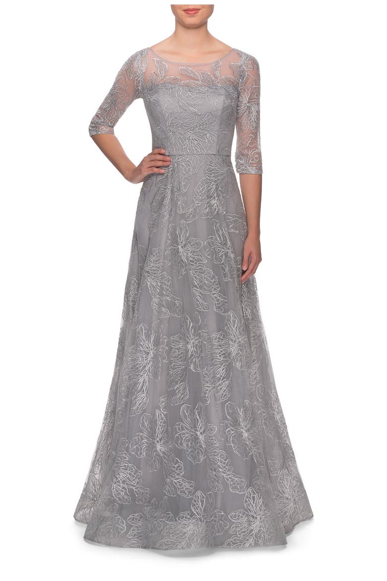 A-line Lace Sequin Gown with Sheer Scoop Neckline, Main, color, Silver
