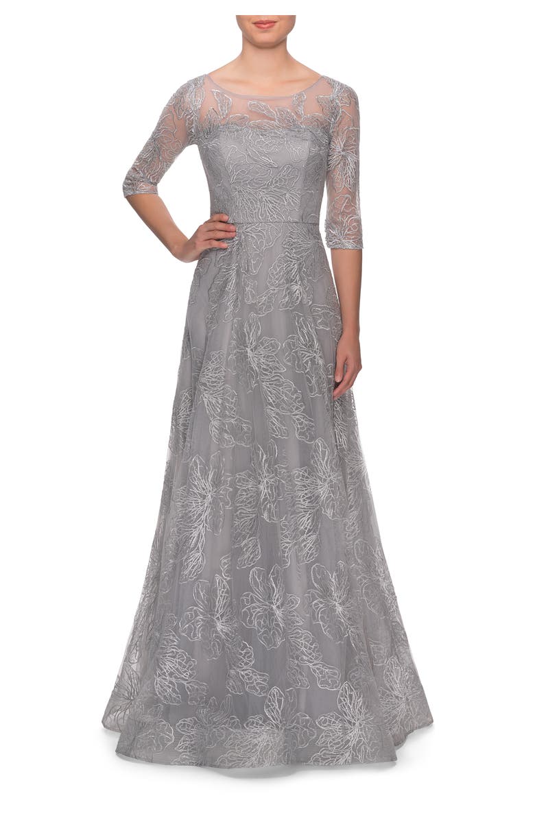 La Femme A-line Lace Sequin Gown with Sheer Scoop Neckline, Main, color, Silver