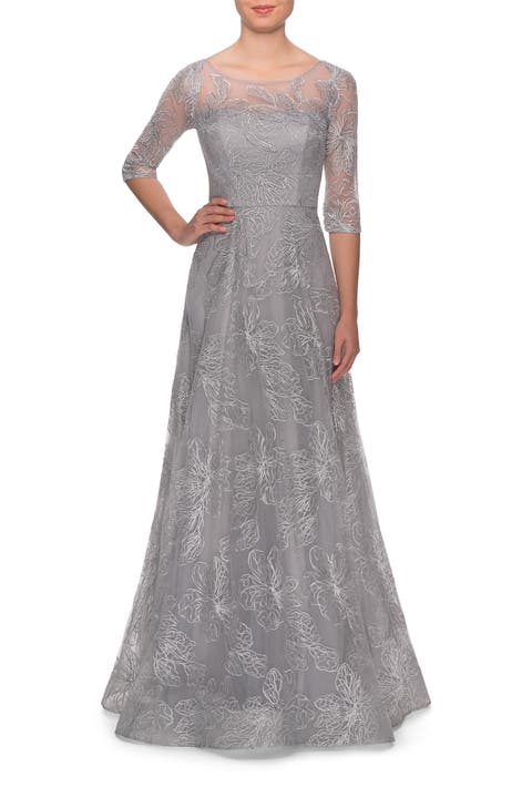 A-line Lace Sequin Gown with Sheer Scoop Neckline