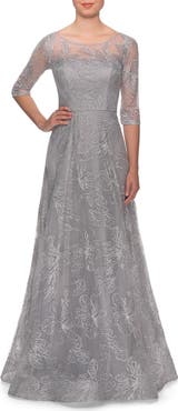 La Femme A-line Lace Sequin Gown with Sheer Scoop Neckline