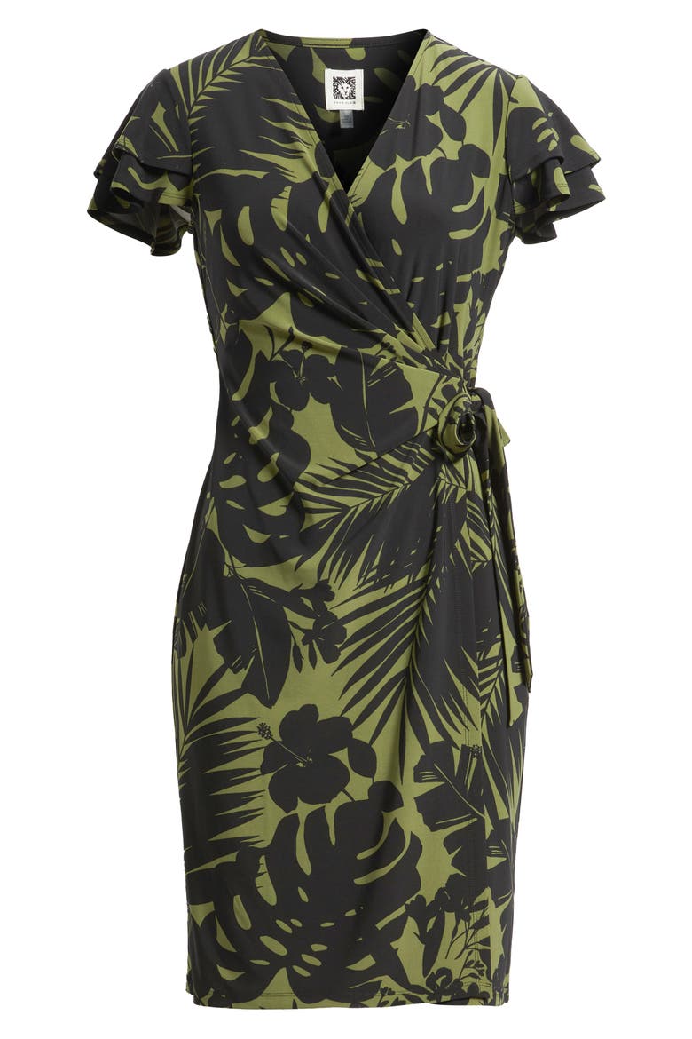 Flutter Sleeve Faux Wrap Dress, Alternate, color, BAY LEAF / ANNE BLACK