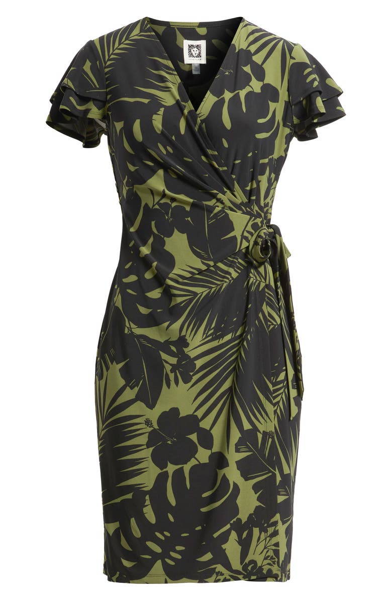 Anne Klein Flutter Sleeve Faux Wrap Dress, Alternate, color, Bay Leaf / Anne Black