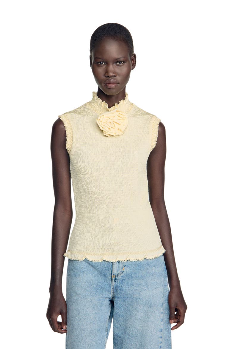 Smocked T-shirt with flower detail, Alternate, color, Vanilla