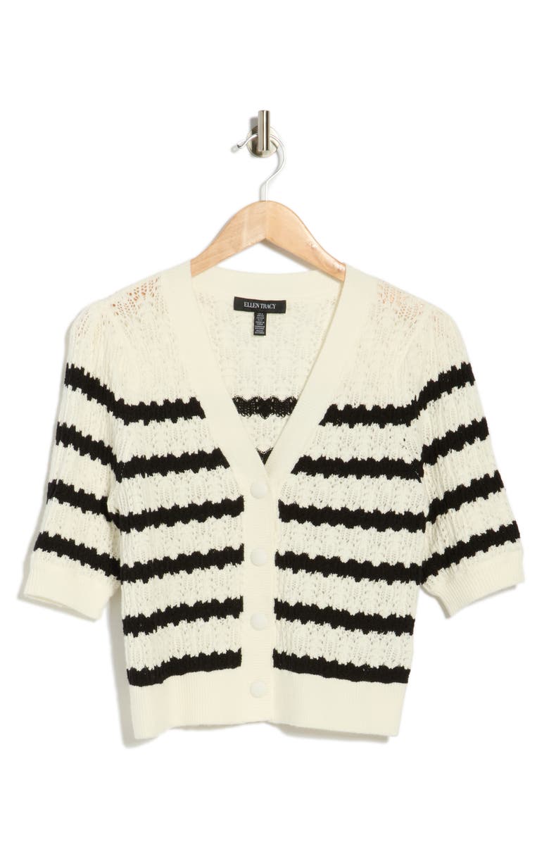 Ellen Tracy Stripe Short Sleeve Pointelle Cardigan, Alternate, color, Marshmallow