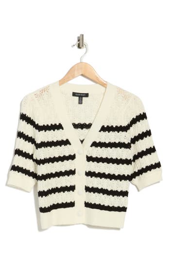Ellen Tracy Stripe Short Sleeve Pointelle Cardigan In Neutral