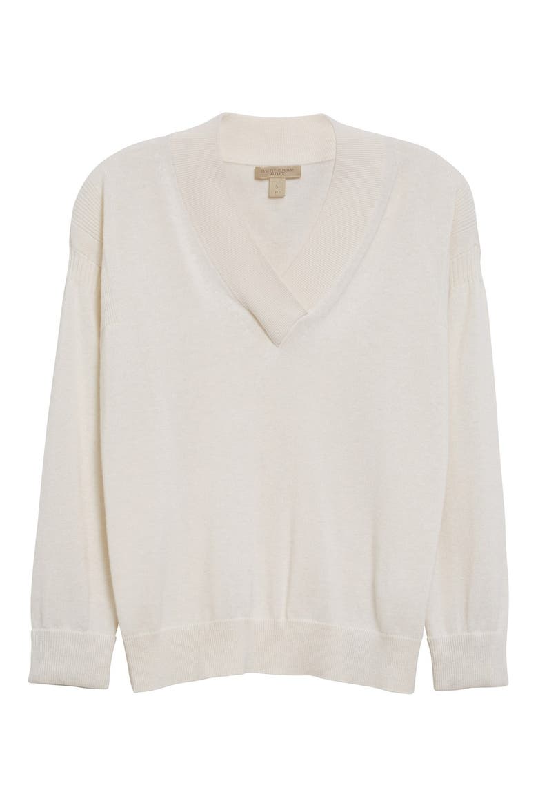 Check Print Cuff V-Neck Cashmere Blend Sweater, Alternate, color, NATURAL WHITE