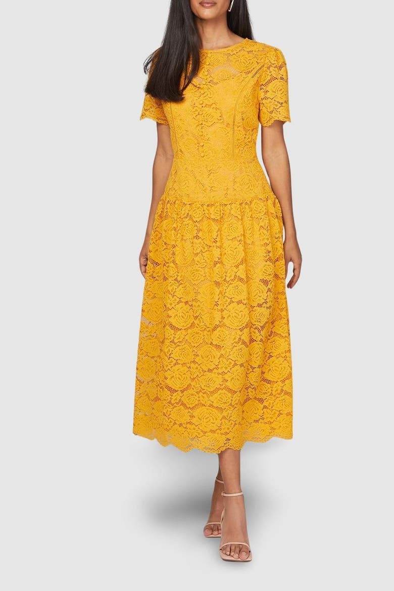 Lace Button Detail Drop Hem Midi Dress, Alternate, color, Mustard