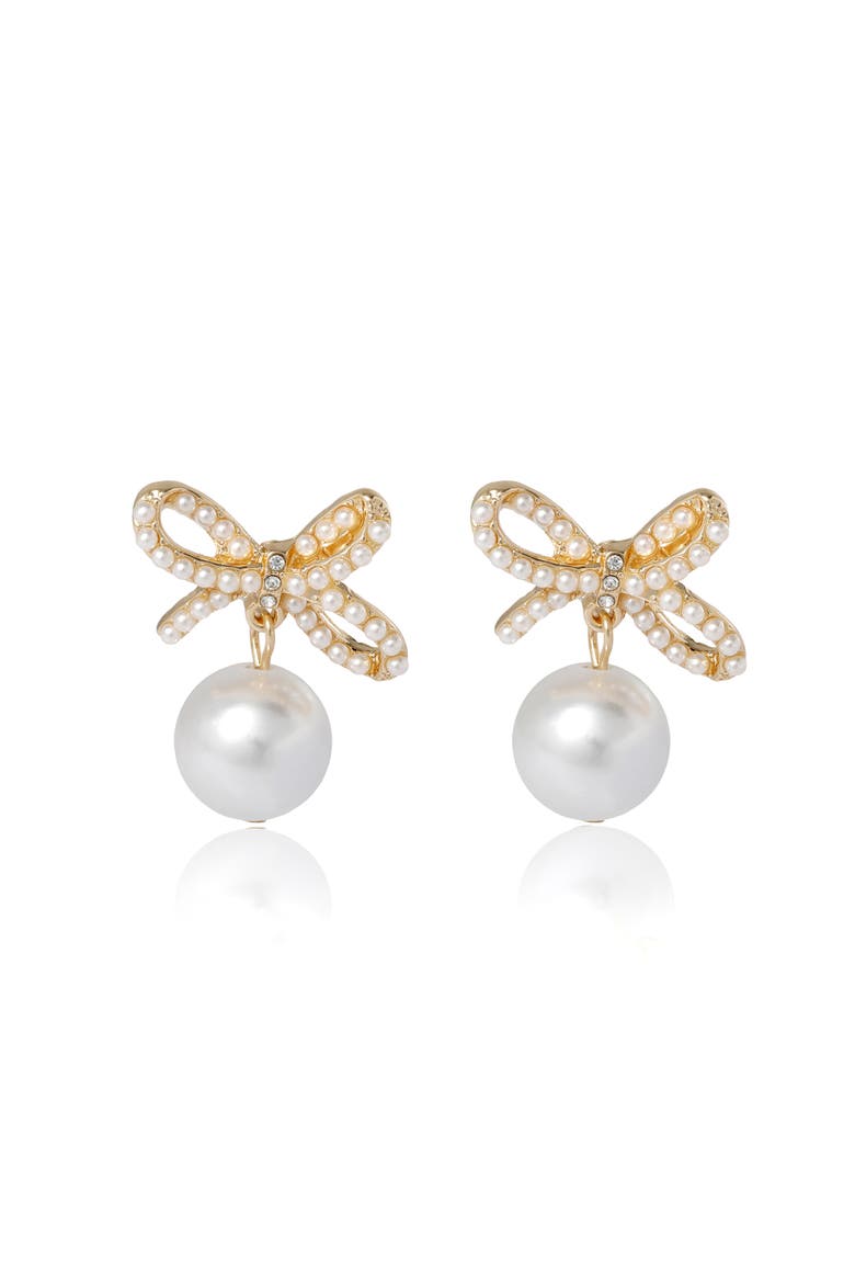 Bow Pearl Drop Earrings, Main, color, Gold