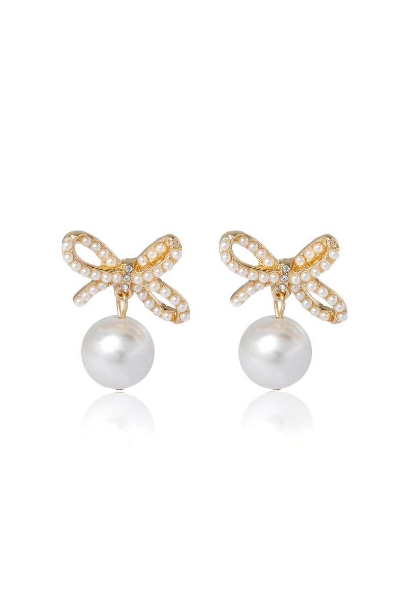BCBG Generation Bow Pearl Drop Earrings, Main, color, Gold