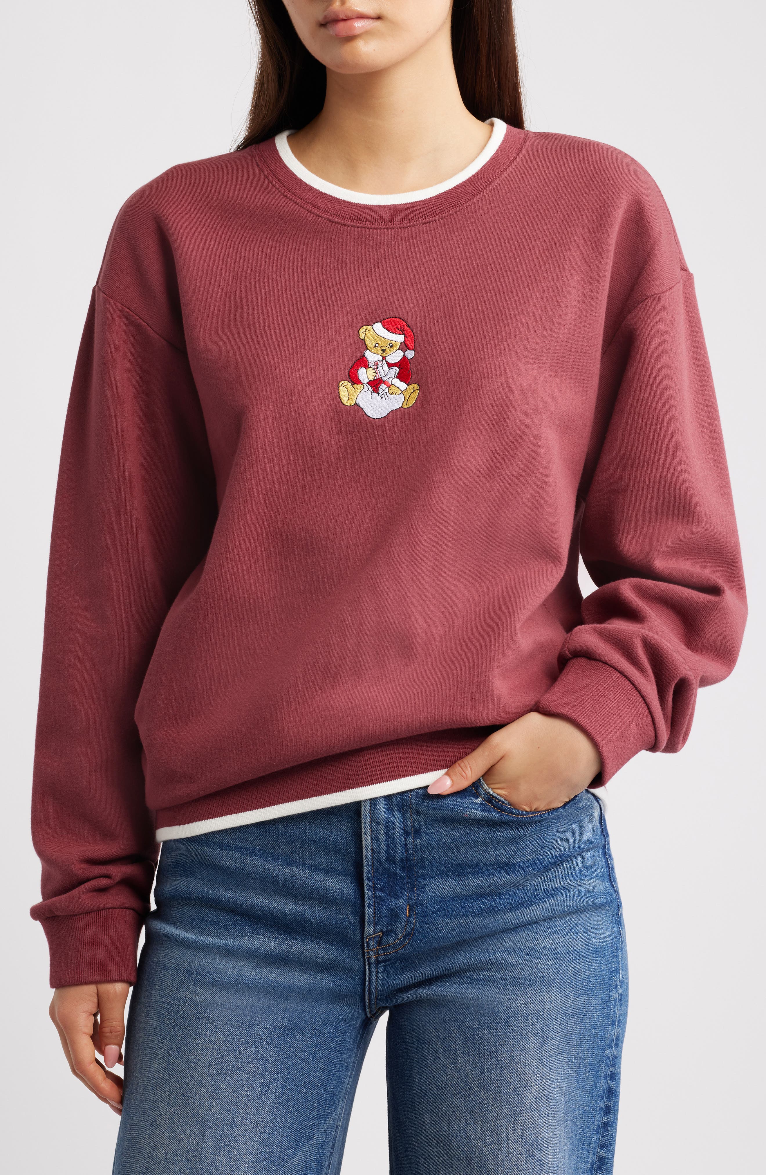 GOLDEN HOUR Teddy Bear Santa Embroidered Graphic Sweatshirt