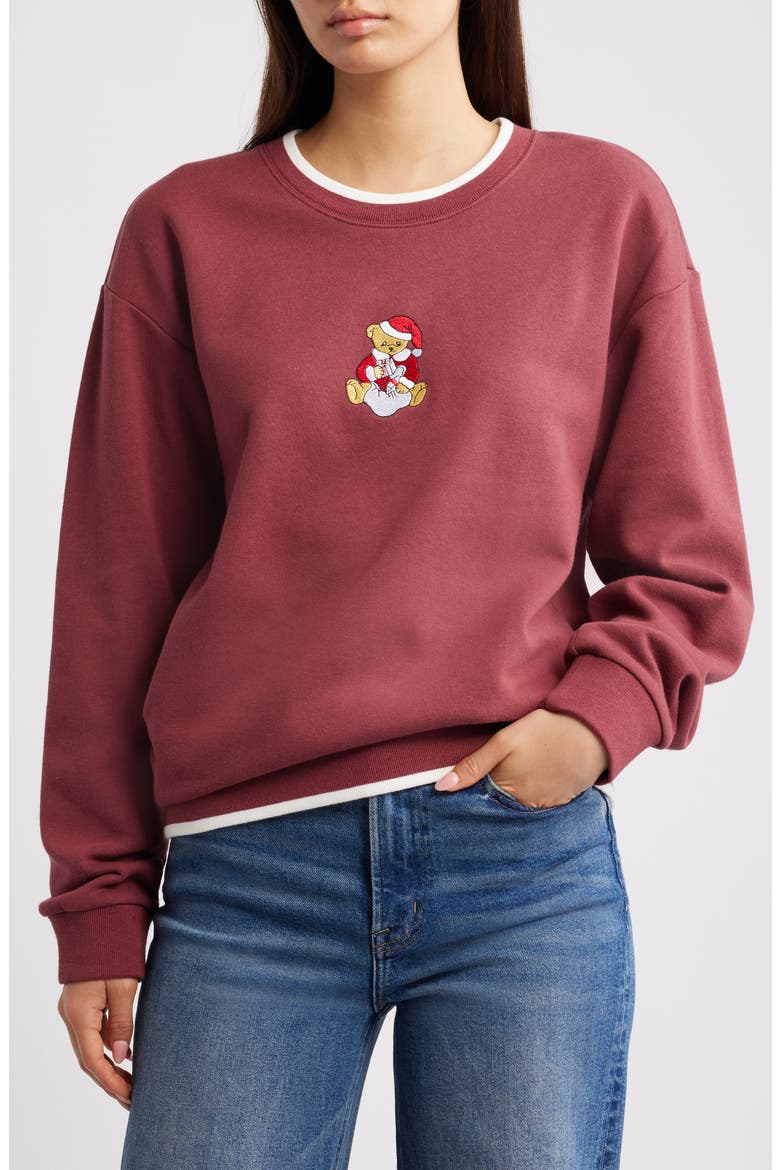 Teddy Bear Santa Embroidered Graphic Sweatshirt, Main, color, OXBLOOD RED