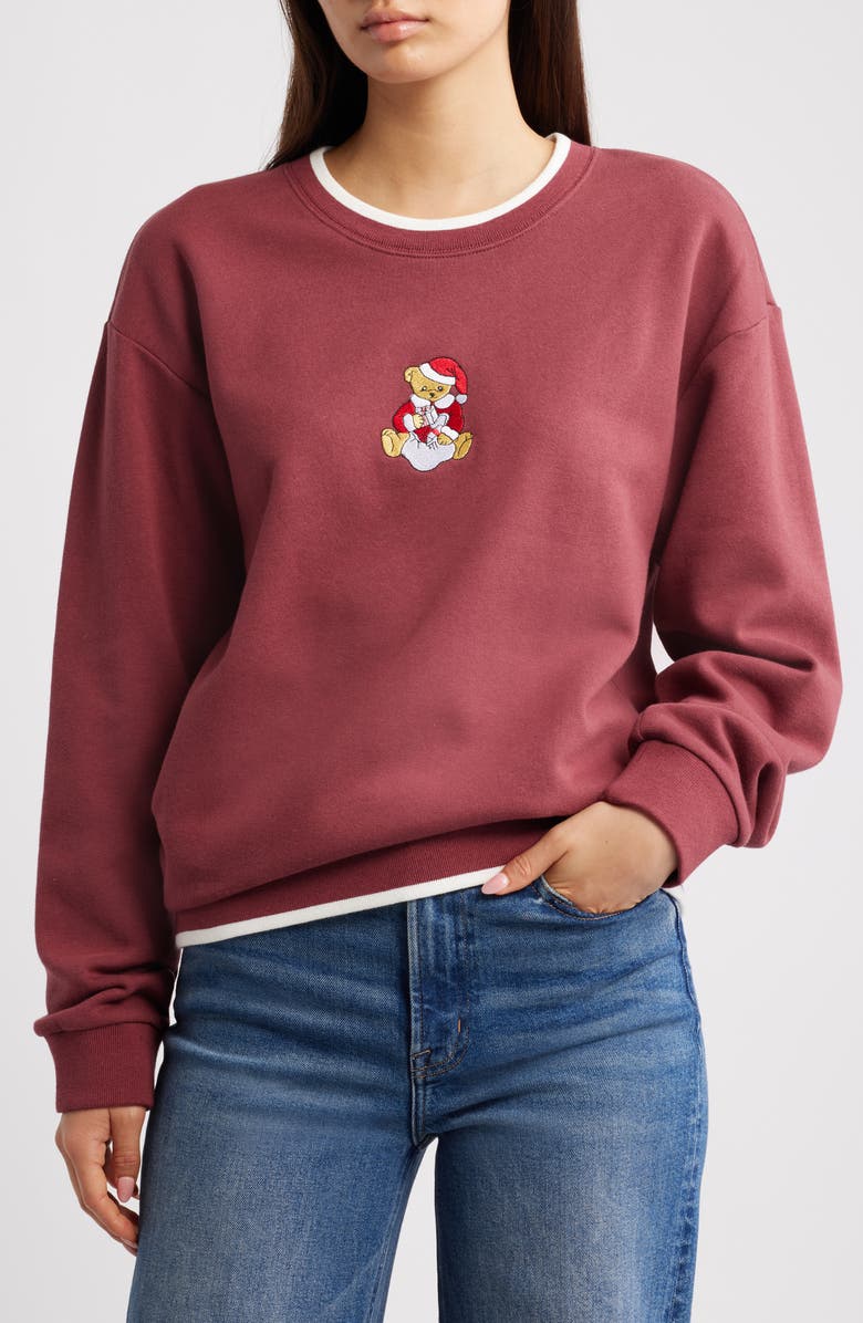 GOLDEN HOUR Teddy Bear Santa Embroidered Graphic Sweatshirt, Main, color, Oxblood Red