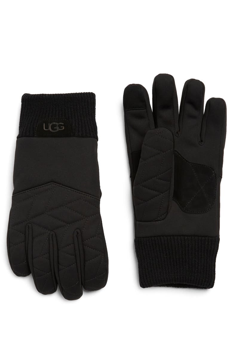 UGG<sup>®</sup> Quilted Nylon & Leather Palm Gloves, Main, color, Black