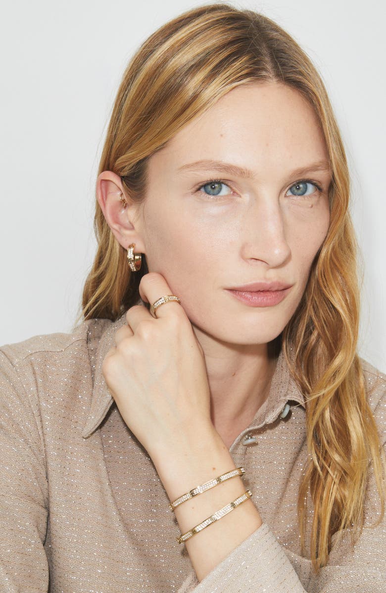 Tory Burch Small Icon Pave Hoop Earrings, Alternate, color, Tory Gold / Crystal