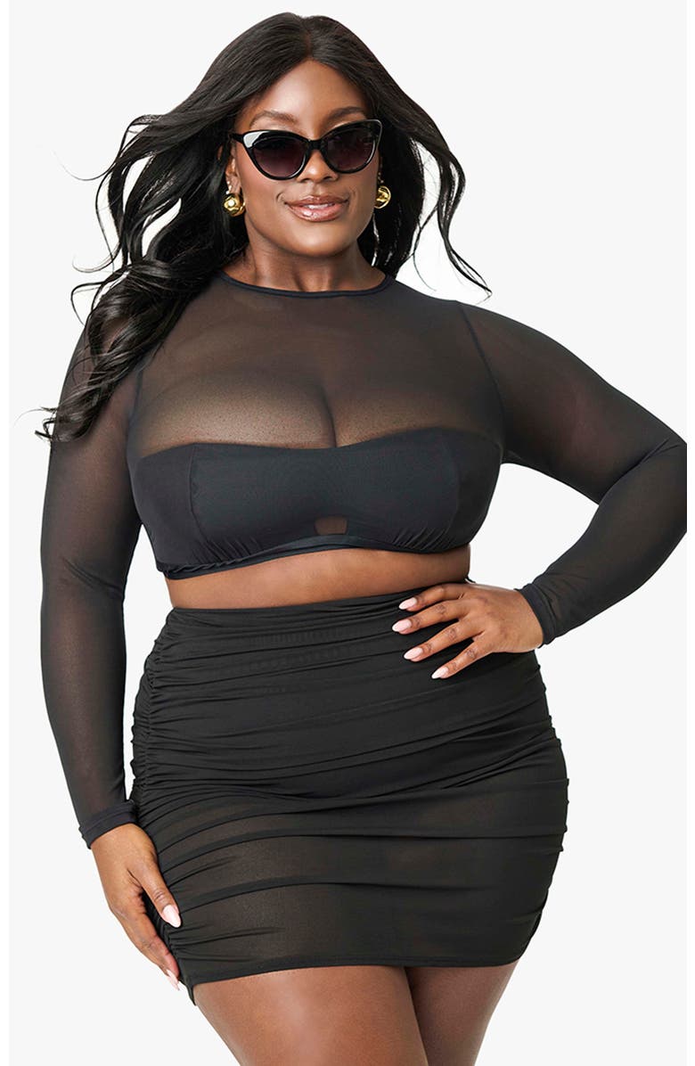 Unique Vintage Plus Size Mesh Long Sleeve Swim Top, Main, color, Black