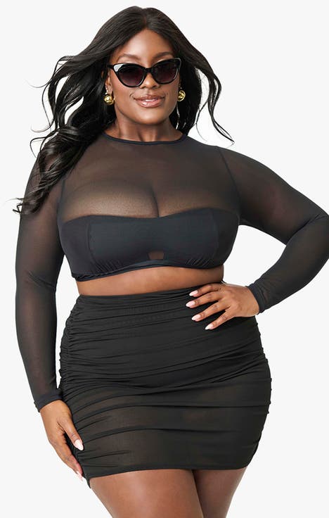 Plus Size Mesh Long Sleeve Swim Top