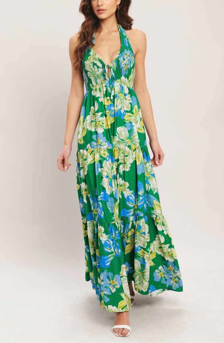 FLYING TOMATO Floral Halter Neck Maxi Dress, Alternate, color, Green