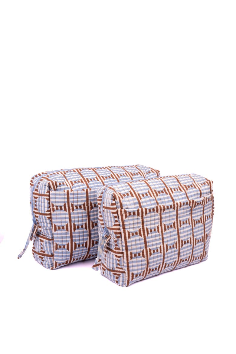 Striped Circles Blockprint Travel Pouch in and Blue, Alternate, color, Brown