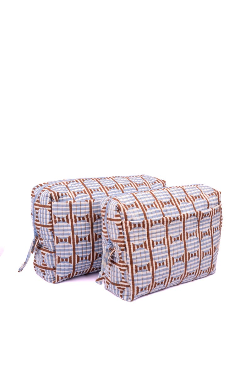 Inner Child Striped Circles Blockprint Travel Pouch in and Blue, Alternate, color, Brown