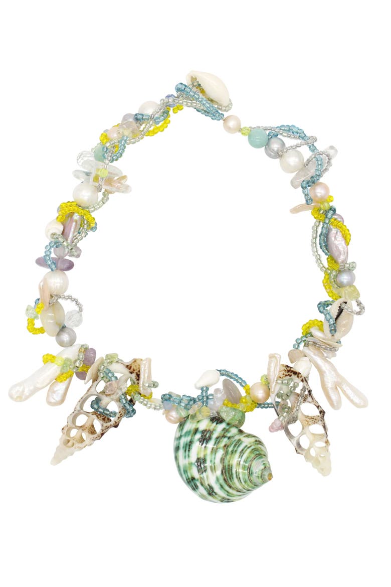 Seashell And Pearl Statement Necklace, Main, color, Green