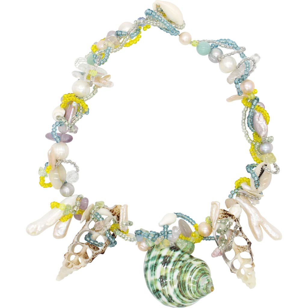 Velvet Luna Seashell And Pearl Statement Necklace In Green