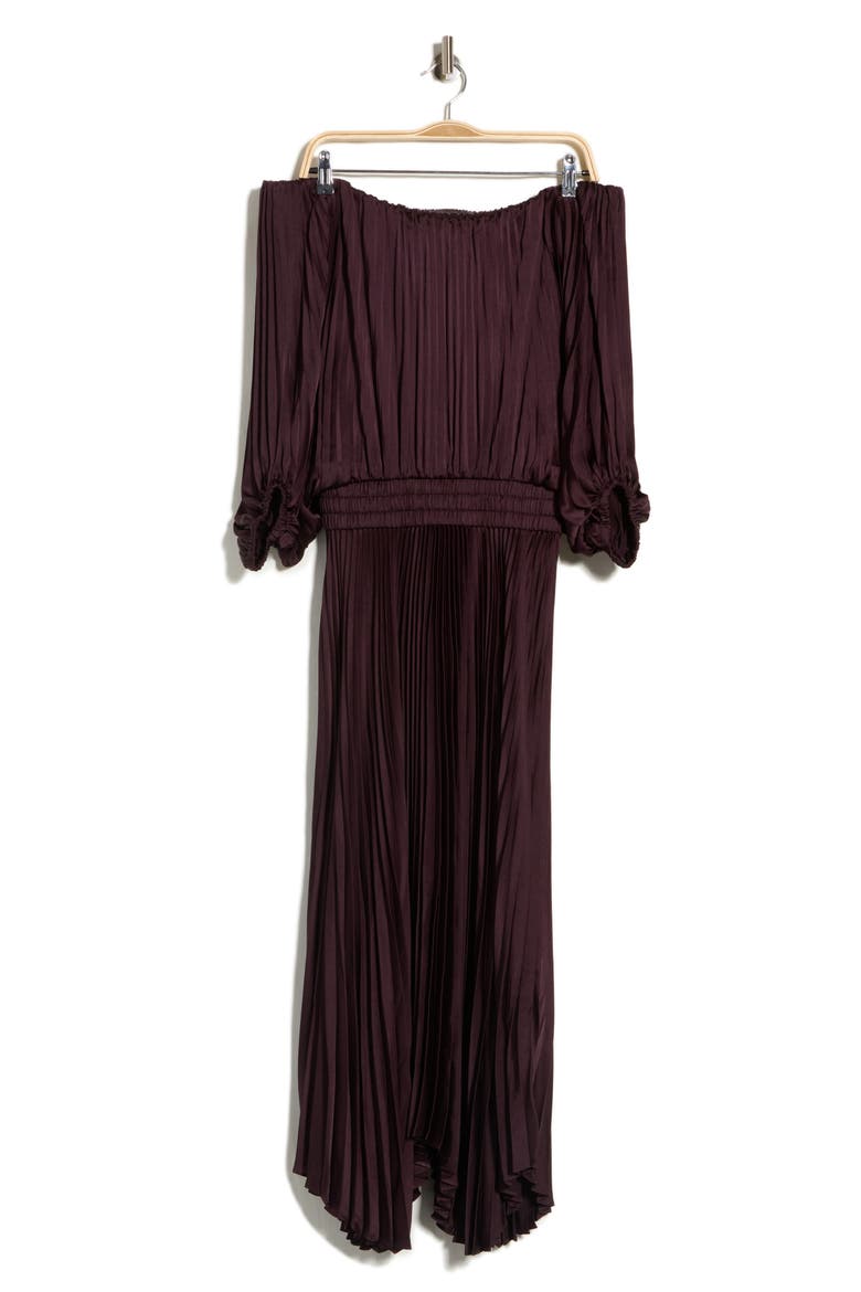 Sienna Pleated Off the Shoulder Maxi Dress, Main, color, DEEP PLUM