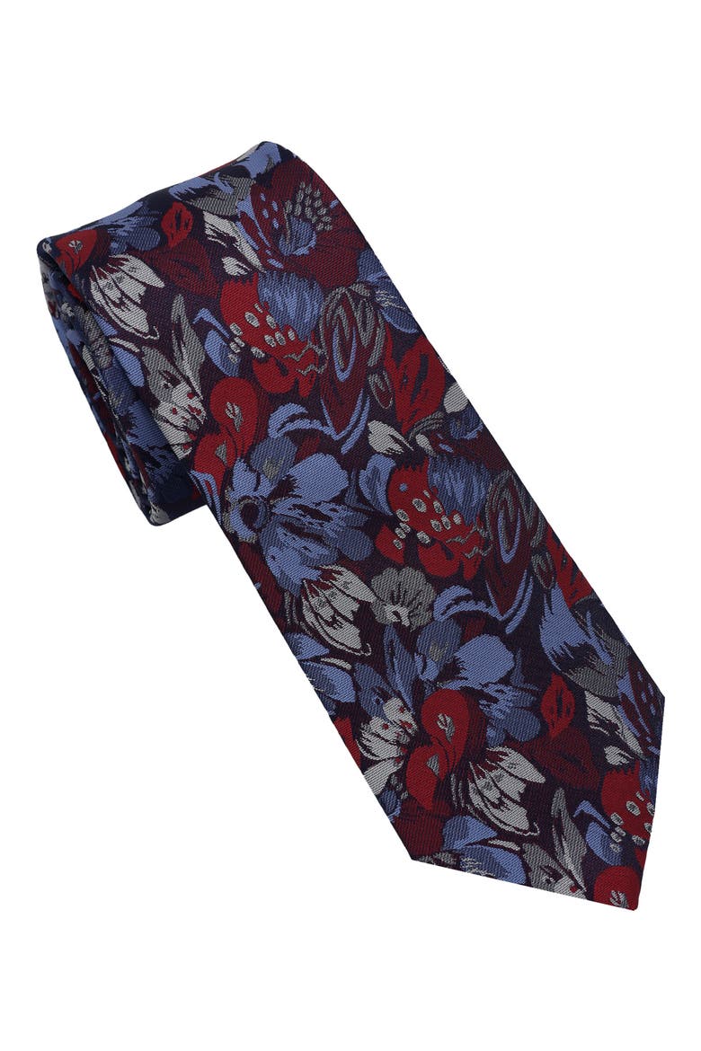 Abstract Floral Jacquard Slim Tie, Main, color, NAVY/ BURGUNDY