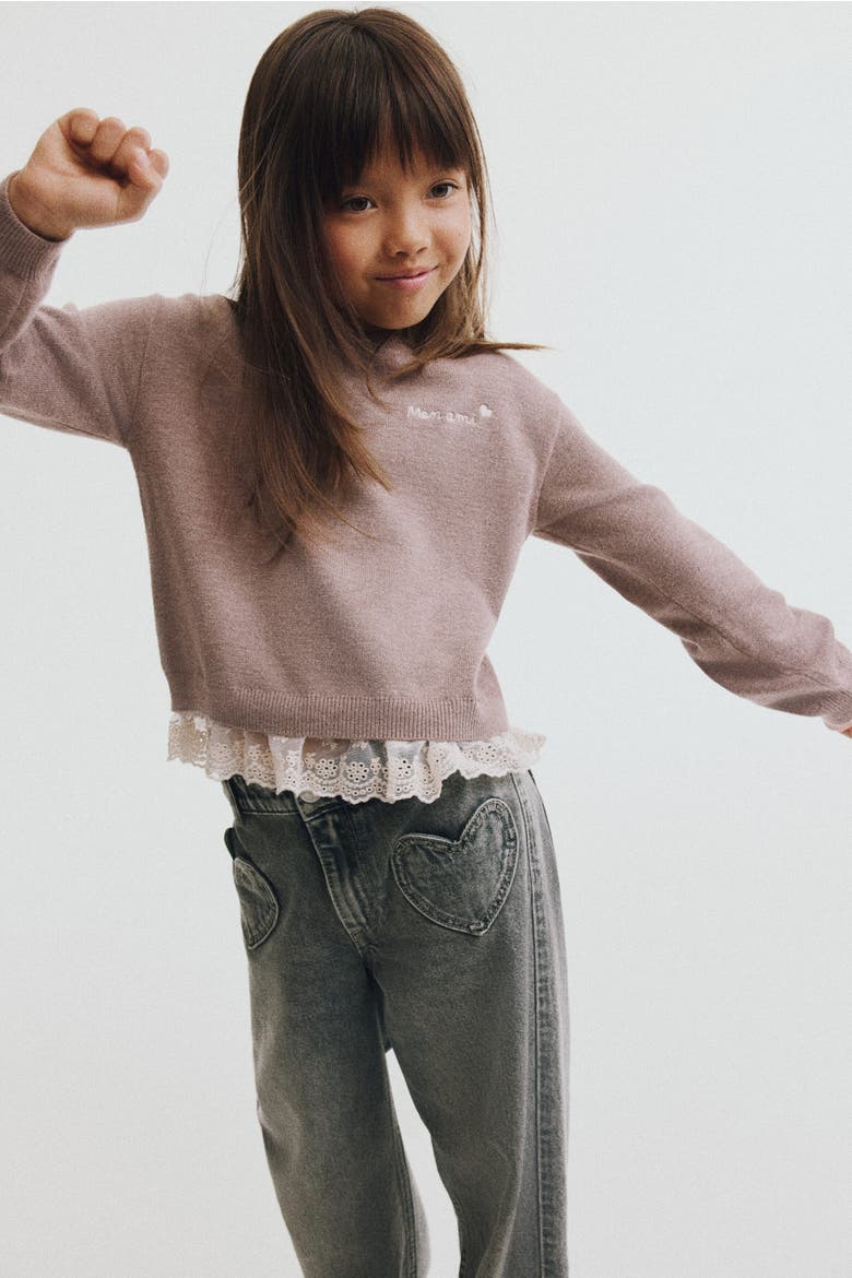 Sweater With Eyelet-Embroidered Trim, Alternate, color, Light beige/Mon Ami