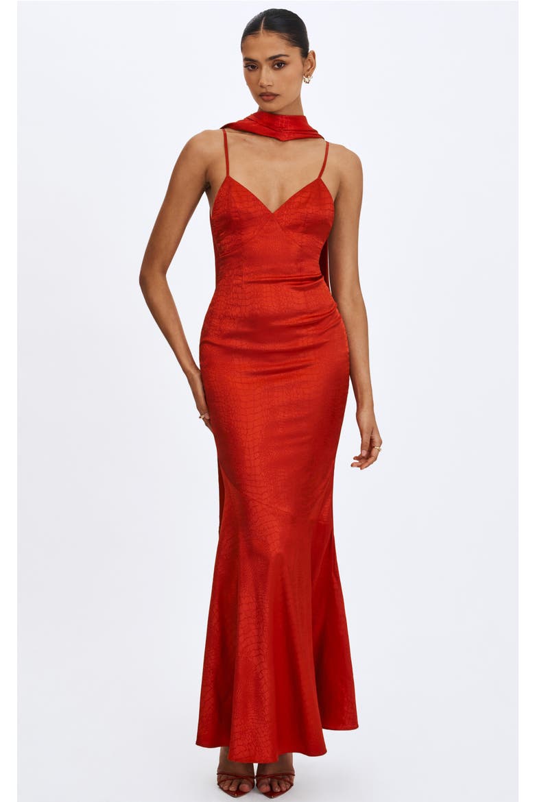 Kelsey Croc-Embossed Flared Hem Maxi Dress with Scarf, Main, color, Scarlet