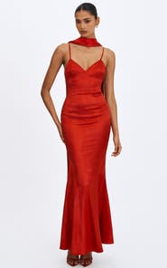 Miss Circle Kelsey Croc-Embossed Flared Hem Maxi Dress with Scarf