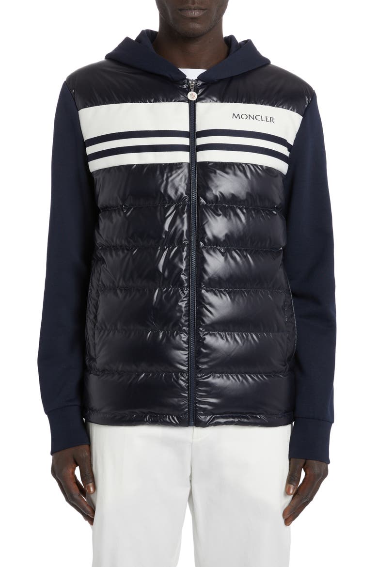 Quilted 750 Fill Power Down & Cotton Knit Hooded Cardigan, Main, color, DARK NAVY BLUE