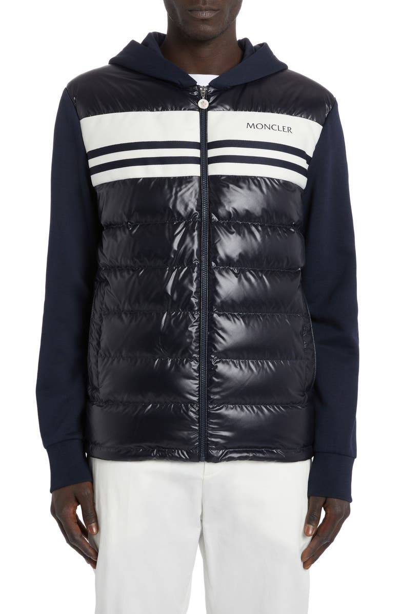 Moncler Quilted 750 Fill Power Down & Cotton Knit Hooded Cardigan, Main, color, 