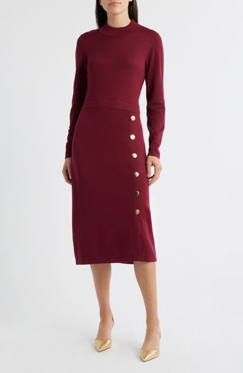 Button Mock Neck Long Sleeve Midi Dress