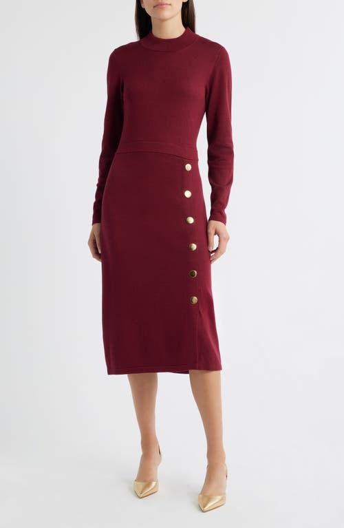 Julia Jordan Button Mock Neck Long Sleeve Midi Dress In Burgundy