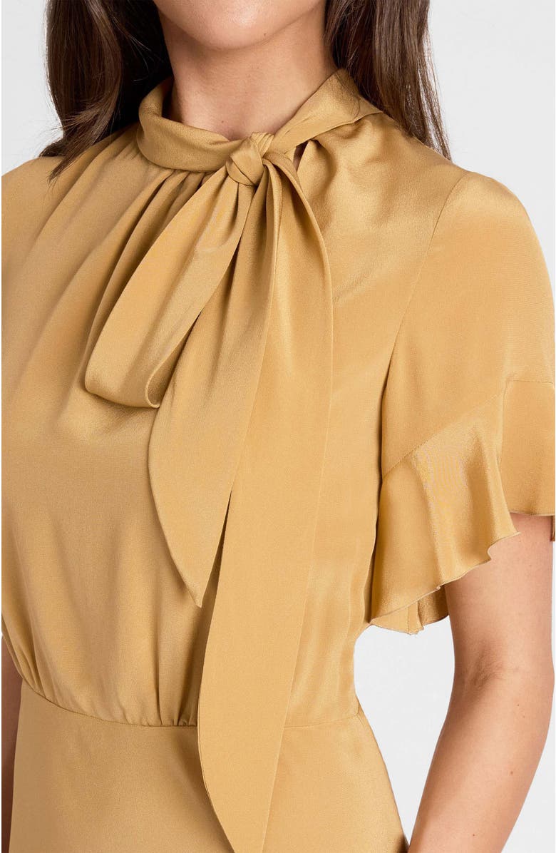 Santorelli Sabrina Silk Short Sleeve Tie Neck Midi Dress, Alternate, color, Dune Sand