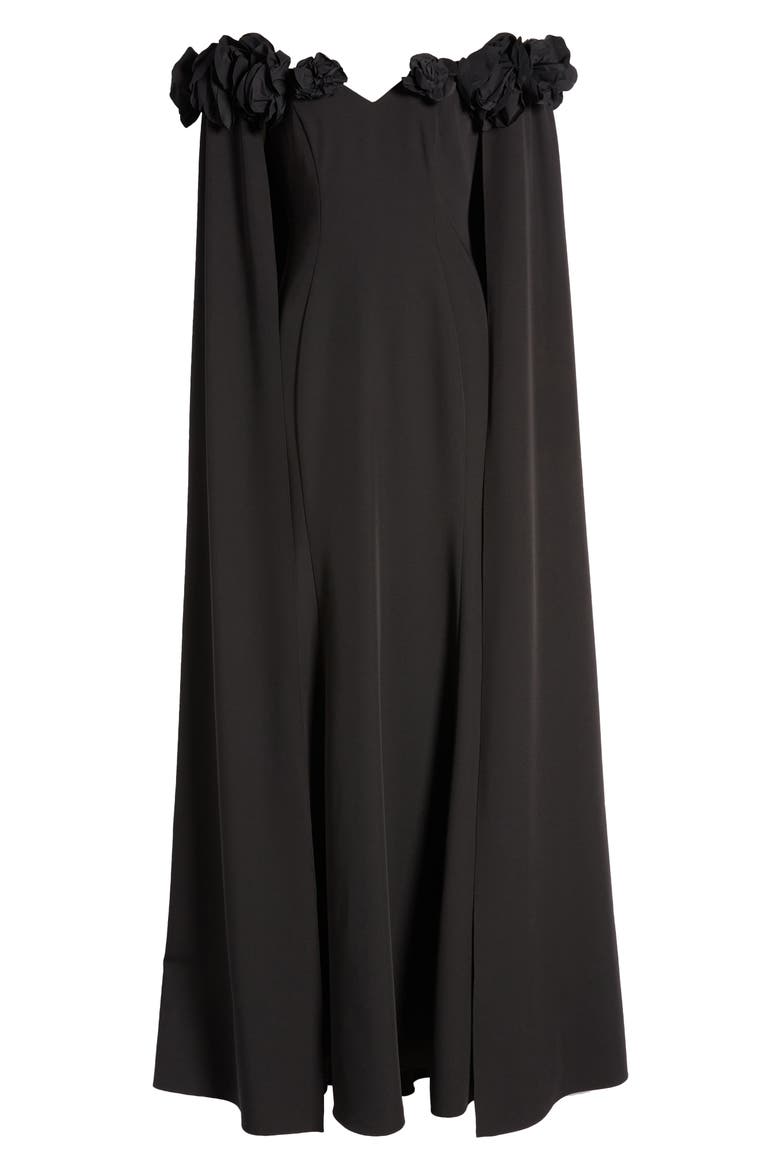 Flower Detail Illusion Shoulder Cape Gown, Alternate, color, BLACK