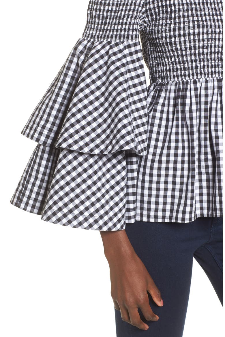 Ruffle Sleeve Off the Shoulder Top, Alternate, color, BLACK LEXI GINGHAM