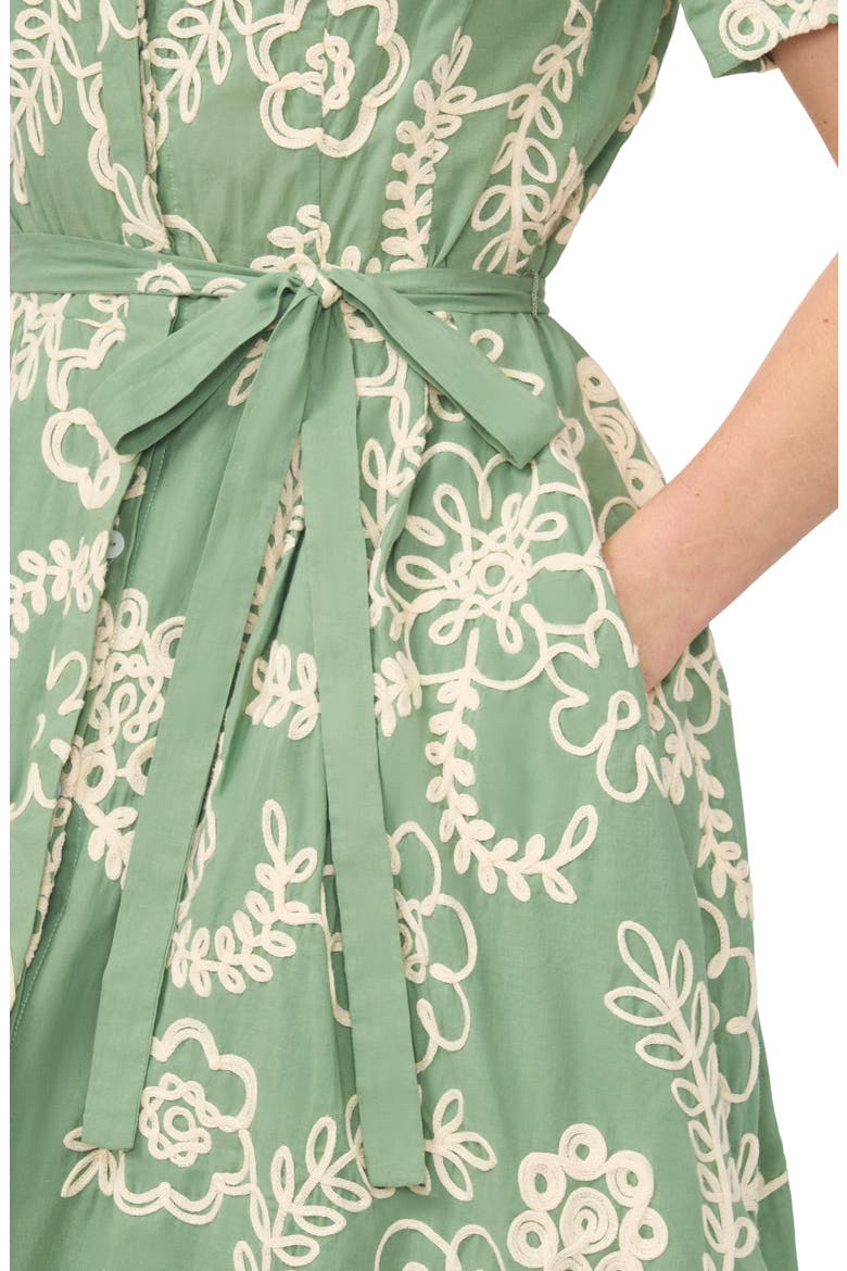 Camile Embroidered Tie Waist Midi Shirtdress, Alternate, color, SHALE GREEN