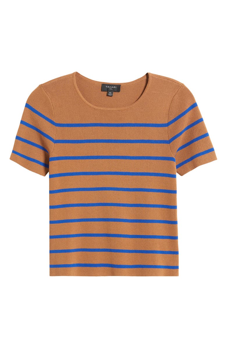 Tahari ASL Stripe Short Sleeve Sweater, Alternate, color, Camel New Royal