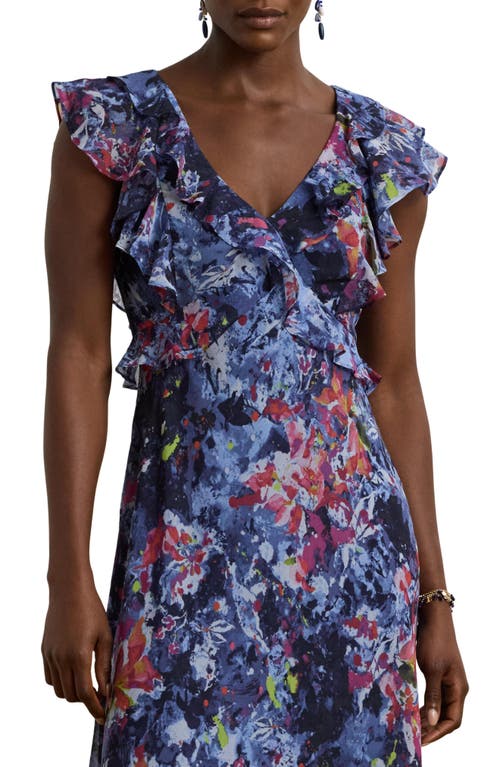 Ralph Lauren Petite Print Ruffle-trim Georgette Midi Dress In Blue