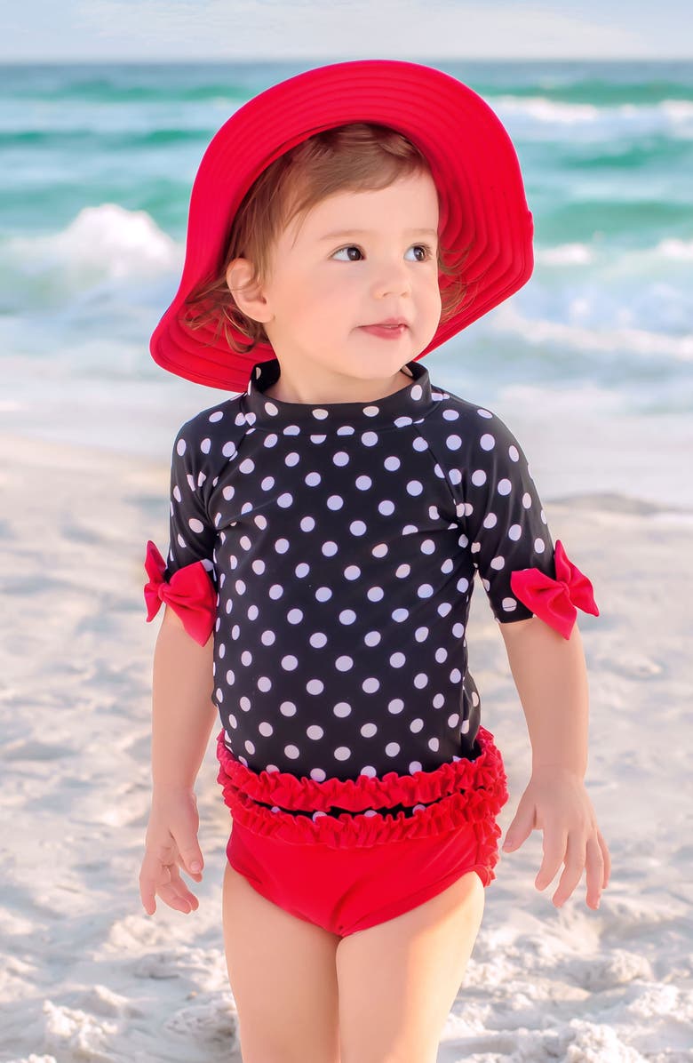RuffleButts Vintage Two-Piece Rashguard Swimsuit & Hat Set, Alternate, color,