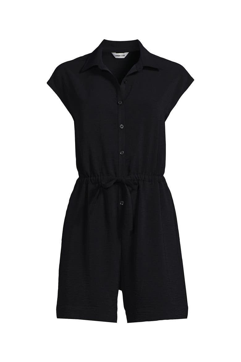 Cap Sleeve Creaseless Button-Down Romper, Alternate, color, Black
