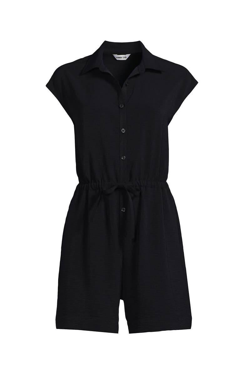 Lands' End Cap Sleeve Creaseless Button-Down Romper, Alternate, color, Black