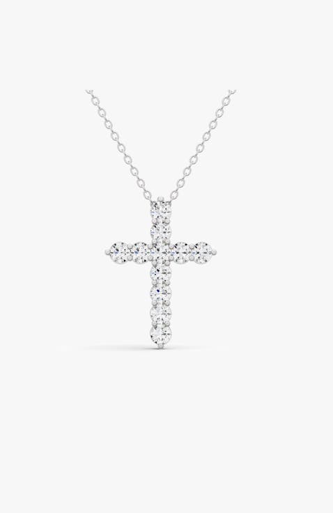 14K Gold 0.75 ct Cross Pendant Necklace With Lab Diamonds