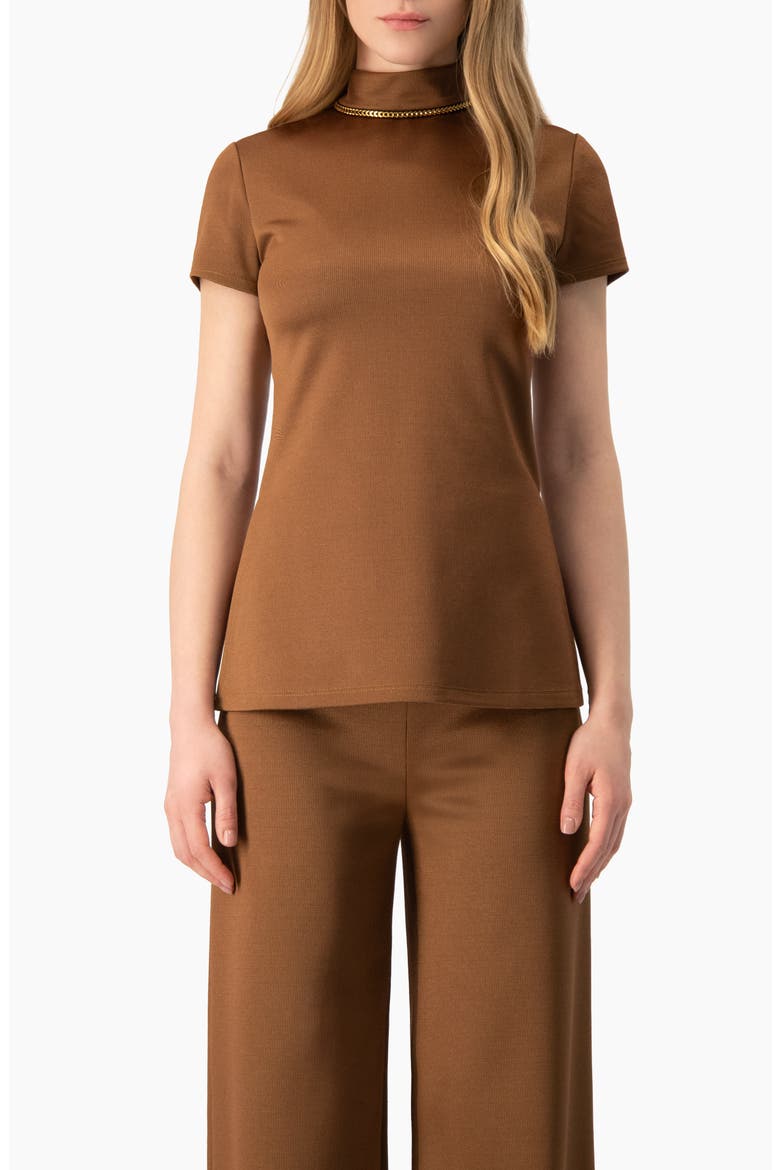 Side-Slit High-Neck Short Sleeve Blouse, Main, color, Camel