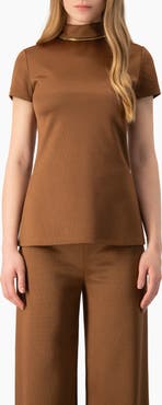 IVONNE Side-Slit High-Neck Short Sleeve Blouse