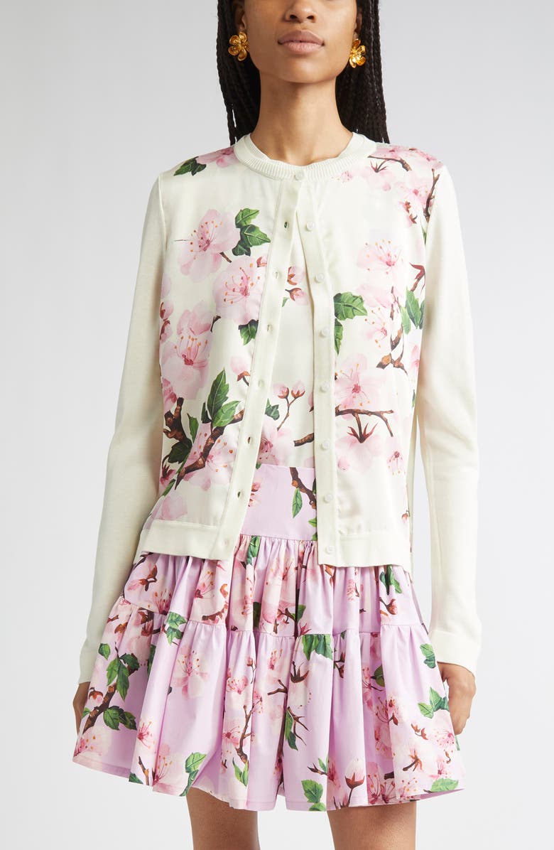 Oscar de la Renta Cherry Blossom Inset Cardigan, Main, color, Pink/ Ecru